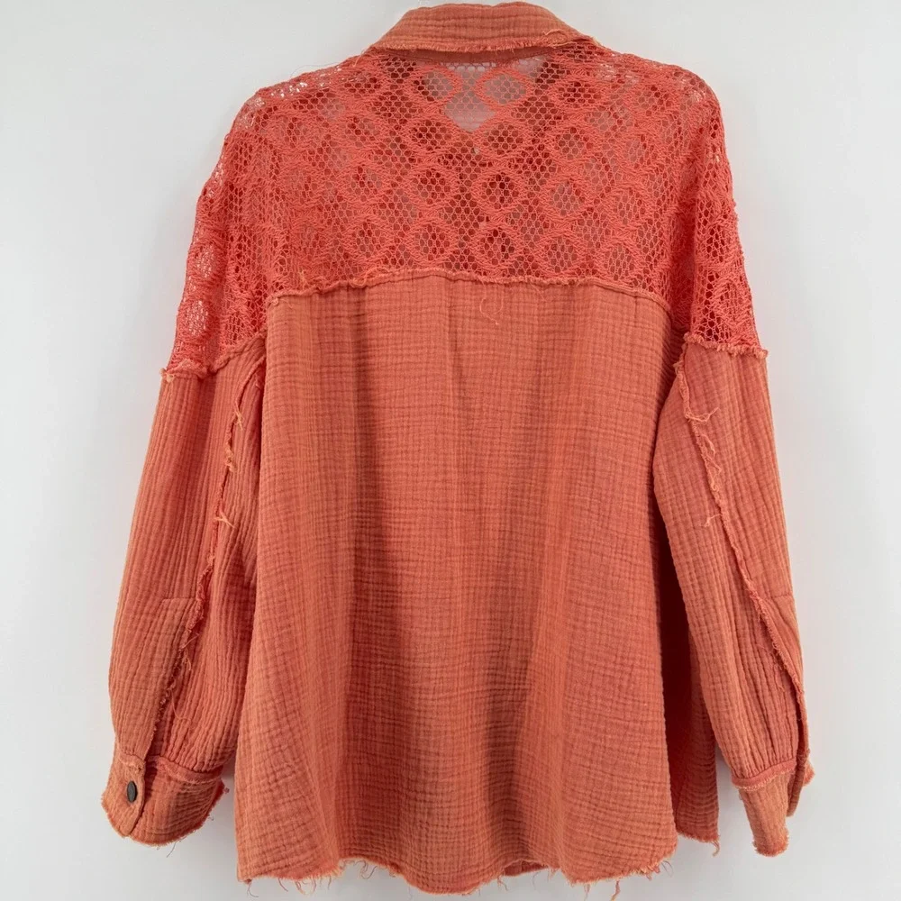 POL Coral Orange Gauze Crochet Lace Button Down Shirt Women Oversized Small Boho